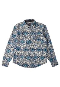 Camicia a maniche lunghe con un motivo geometrico blu, turchese e viola su sfondo crema. Design con bottoni e colletto piegato.