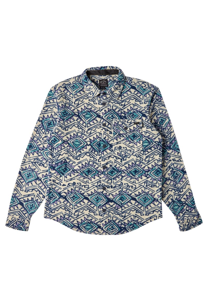 Camicia a maniche lunghe con un motivo geometrico blu, turchese e viola su sfondo crema. Design con bottoni e colletto piegato.