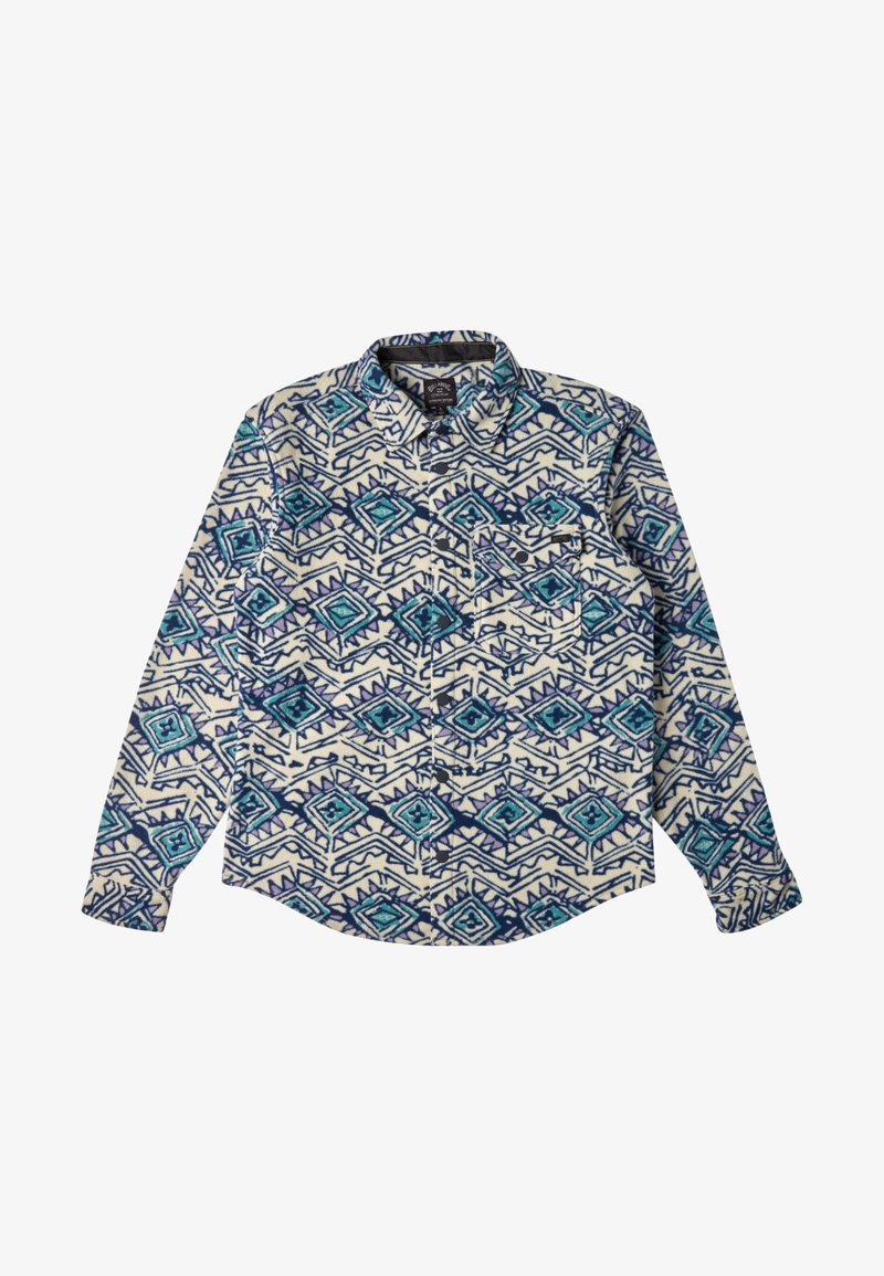 Camicia a maniche lunghe con un motivo geometrico blu, turchese e viola su sfondo crema. Design con bottoni e colletto piegato.