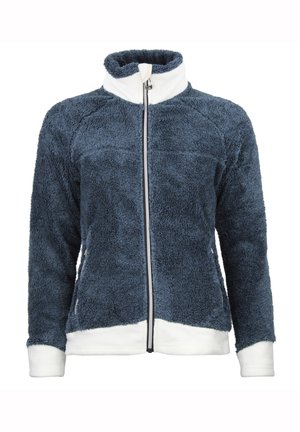 Fleecejack in donkerblauw met witte accenten, hoge kraag, volledige rits en gestructureerd materiaal. Heeft een gladde binnenvoering en geribbelde boorden.
