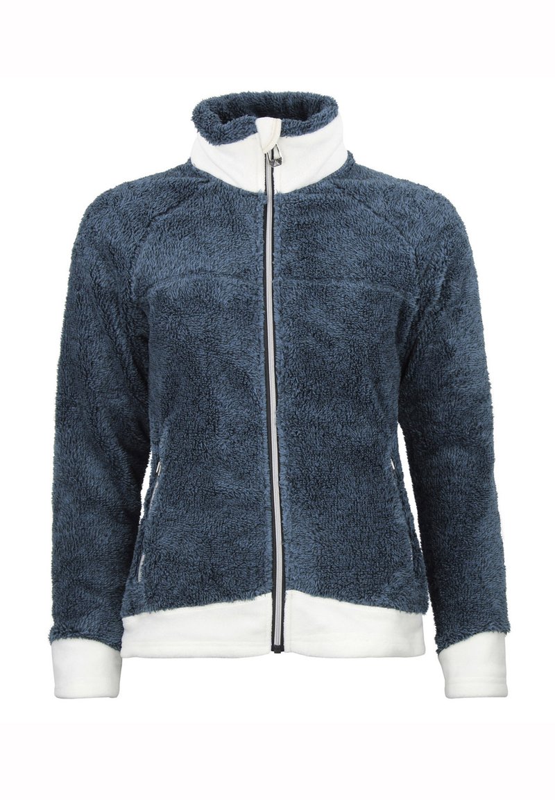 Fleecejack in donkerblauw met witte accenten, hoge kraag, volledige rits en gestructureerd materiaal. Heeft een gladde binnenvoering en geribbelde boorden.