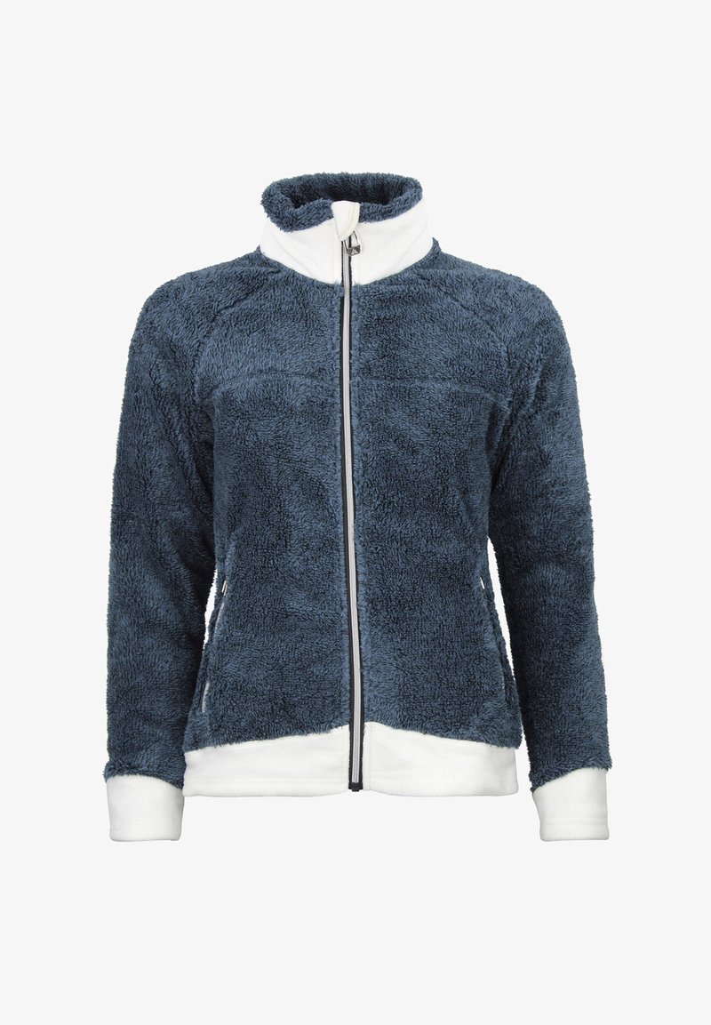 Fleecejack in donkerblauw met witte accenten, hoge kraag, volledige rits en gestructureerd materiaal. Heeft een gladde binnenvoering en geribbelde boorden.
