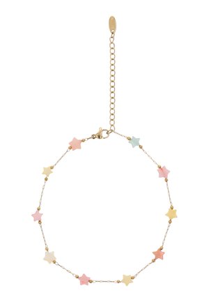 Guld kædearmbånd med pastel stjerneformede perler i lyserød, gul, blå og hvid, med en lobster-lås og justerbar forlængelse.