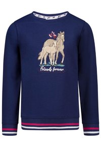 Marineblauwe sweatshirt met lange mouwen; bevat geborduurde paarden en de tekst "Vrienden voor altijd"; gestreepte manchetten in rood en wit.