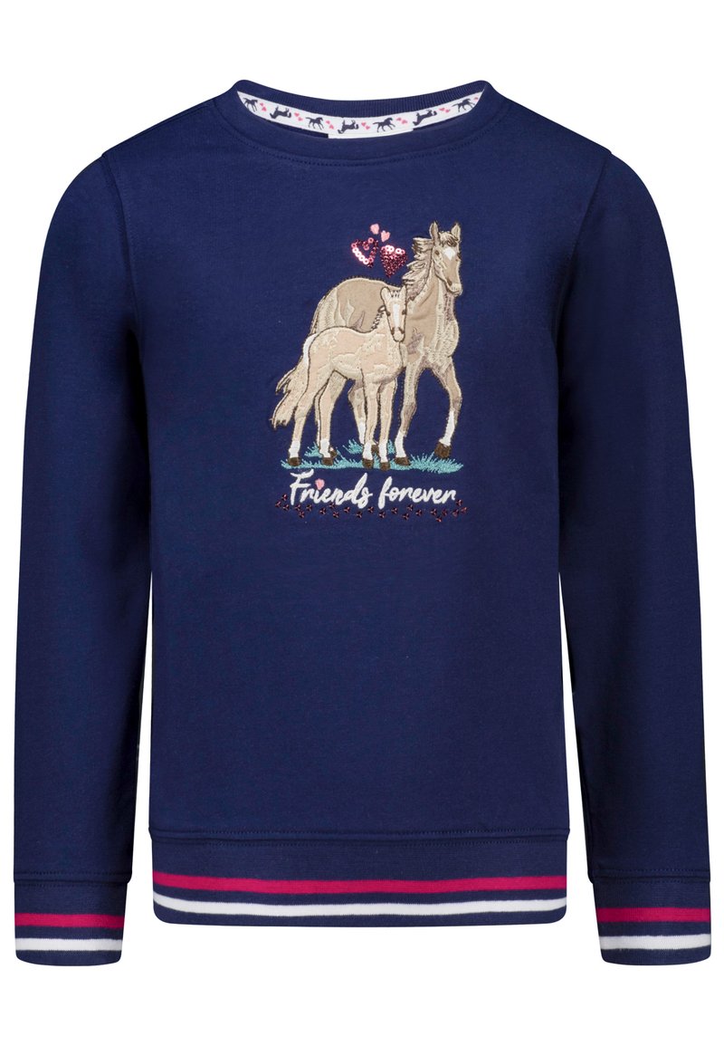 Marineblauwe sweatshirt met lange mouwen; bevat geborduurde paarden en de tekst "Vrienden voor altijd"; gestreepte manchetten in rood en wit.