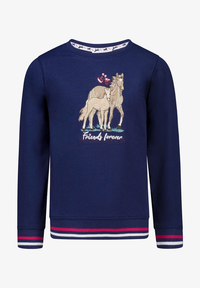 Marineblauwe sweatshirt met lange mouwen; bevat geborduurde paarden en de tekst "Vrienden voor altijd"; gestreepte manchetten in rood en wit.