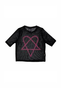 Black mesh short-sleeve top featuring a burgundy heart and pentagram design. Loose fit with a round neckline. Textured, sheer fabric.