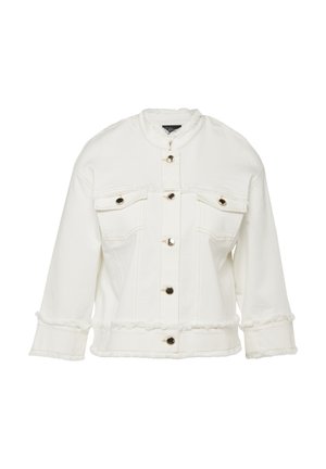 Witte spijkerjas met rafelige randen, lange mouwen, borstflappzakken en goudkleurige knopen aan de voorkant.