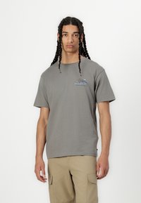 Graues Baumwoll-T-Shirt mit kurzen Ärmeln und einem bunten Logo auf der Vorderseite. Getragen mit khakifarbenen Cargo-Shorts, vor einem schlichten Hintergrund stehend.