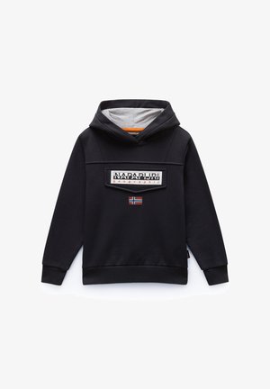 Sudadera con capucha negra y forro interior gris, con un gran parche de logo en la parte delantera y un pequeño acento de bandera noruega. Tejido suave, puños de canalé.