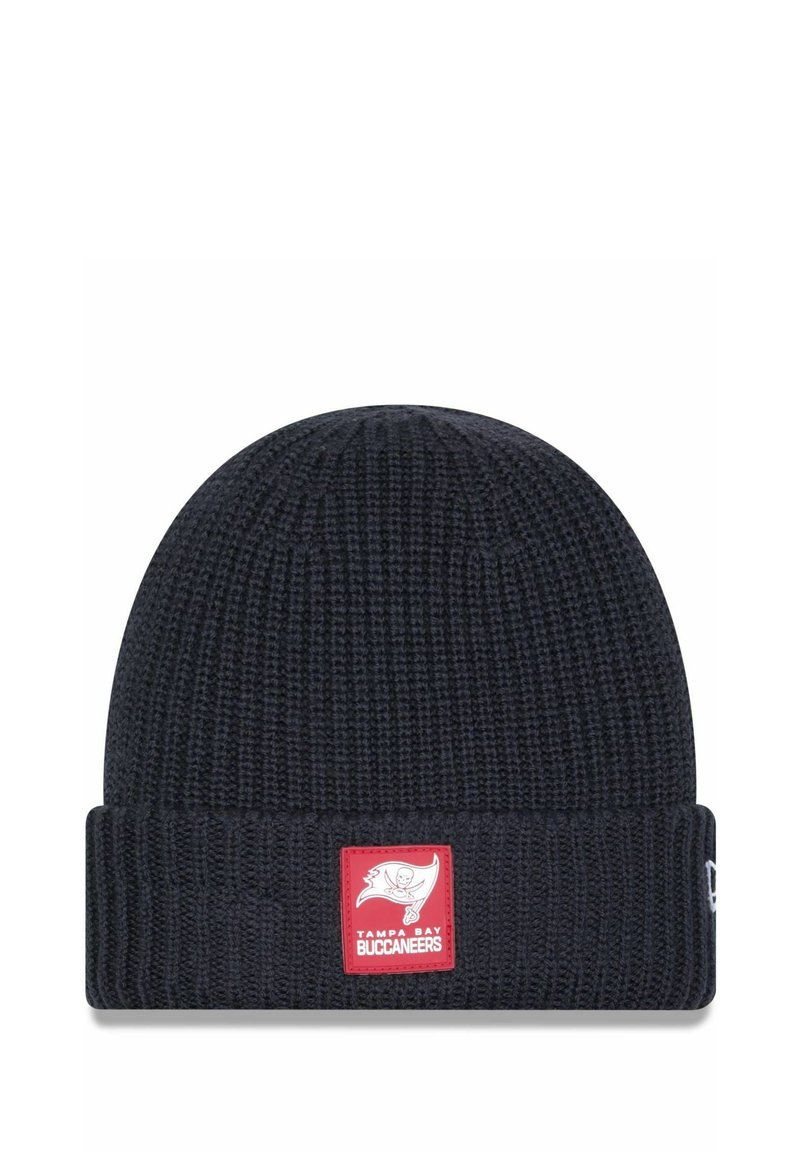 Black knitted beanie with a folded cuff, featuring a red rectangular patch with a white logo and text "TAMPA BAY BUCCANEERS."