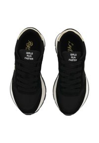 Pair of black running shoes with white soles, featuring "GIRLS RUN FASTER" text on each tongue label.