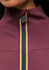 Burgundské zipsové tričko s vysokým golierom, s čiernym zipsom a farebnými pruhmi v žltej, oranžovej a námornej modrej pozdĺž švu so zipsom.