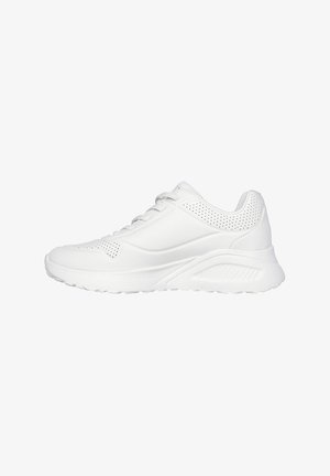 White athletic shoes featuring a textured synthetic upper, perforated accents, a cushioned sole, and a curved design for support.