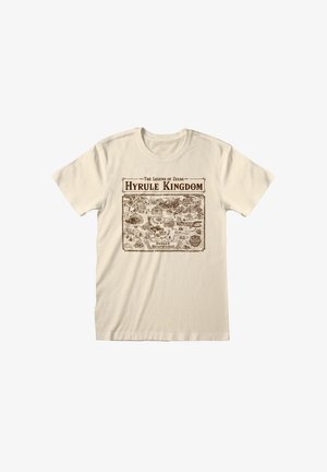 Béžové bavlněné tričko s vintage potiskem mapy s názvem "Království Hyrule" v hnědé barvě, zobrazující různá krajinná místa a lokace.