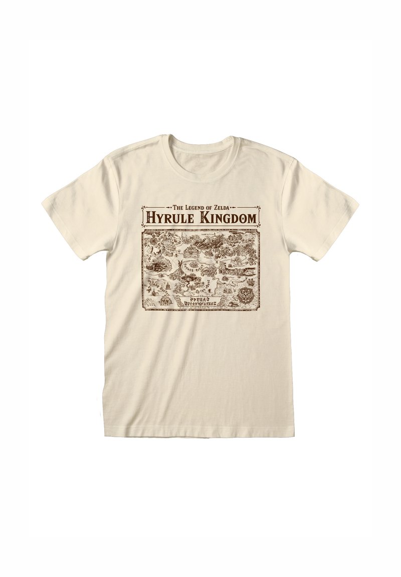 Beige bomulls t-shirt med en vintage-inspirerad kartdesign med titeln "Hyrule Kingdom" i brunt, som visar olika landskap och platser.