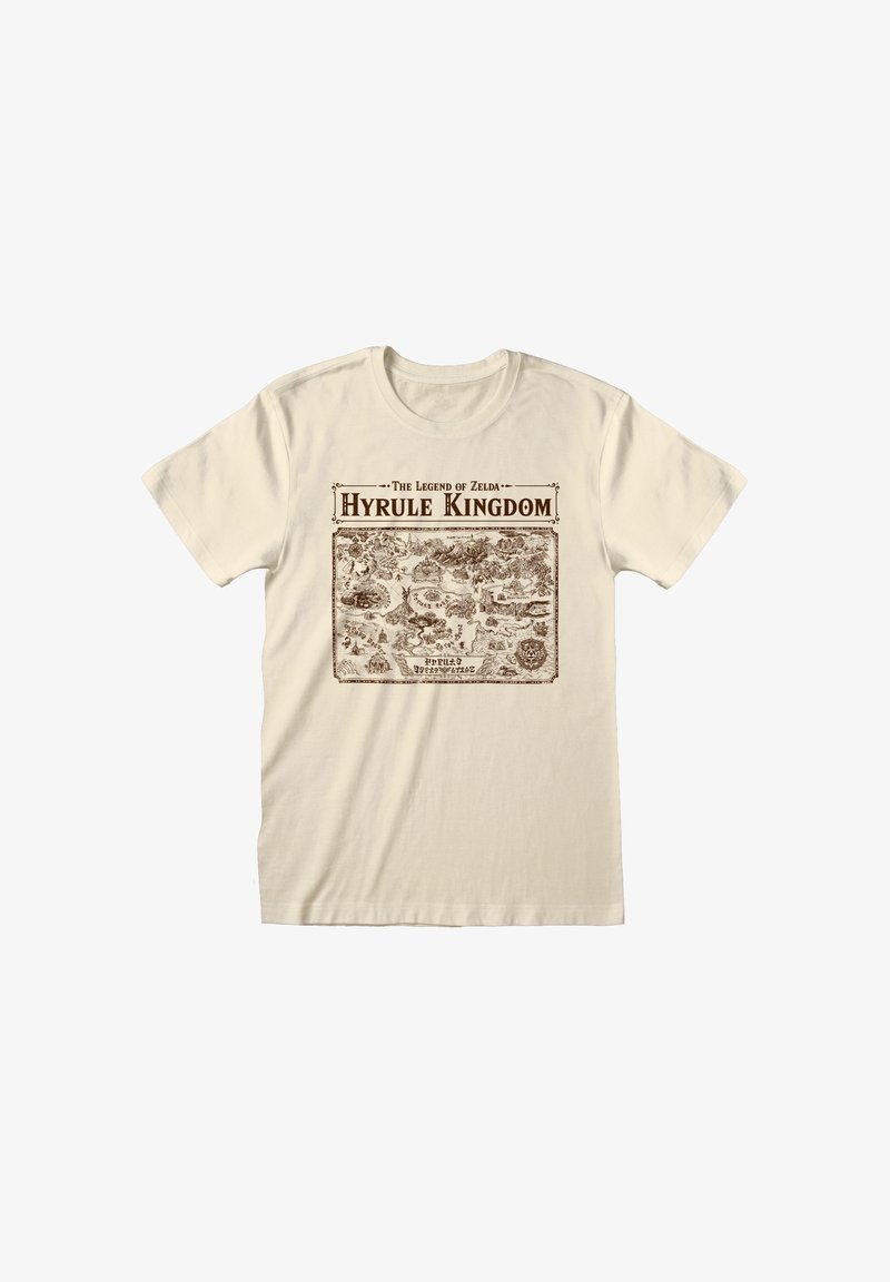 Beige Baumwoll-T-Shirt mit einem Vintage-Kartenprint mit dem Titel "Königreich Hyrule" in Braun, der verschiedene Landschaften und Orte darstellt.