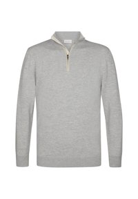 Helles graues Pullover mit einem Viertelreißverschluss-Kragen, gerippten Bündchen und Saum. Verfügt über eine glatte Textur und ein kontrastierendes cremefarbenes Reißverschlussdetail.