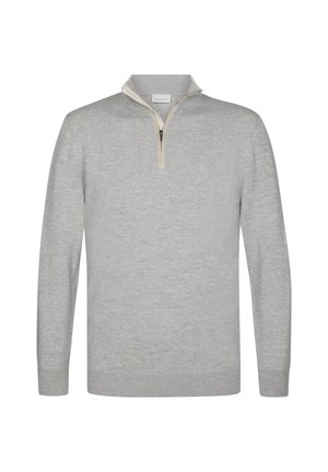 Helles graues Pullover mit einem Viertelreißverschluss-Kragen, gerippten Bündchen und Saum. Verfügt über eine glatte Textur und ein kontrastierendes cremefarbenes Reißverschlussdetail.