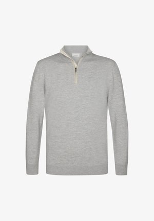 Pull-over gris clair avec un col zippé quart, des poignets et un ourlet côtelés. Présente une texture lisse et un détail de zip crémé contrastant.