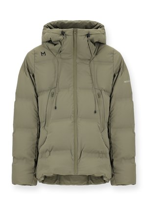 Olijfgroene, geïsoleerde pufferjack met ritssluiting aan de voorkant, verstelbare capuchon en twee zijzakken. Glad textuur met een moderne snit.