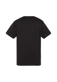 Maglietta nera in cotone con maniche corte, scollo rotondo e una trama liscia. Nessun logo o motivo visibile sul retro.