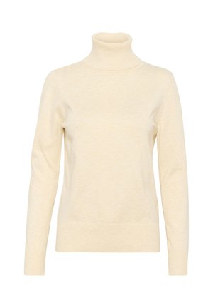 Beige garbó pulóver, puha anyagból készült, hosszú ujjaival és bordázott szegéllyel. Sima textúrájú, klasszikus szabású.