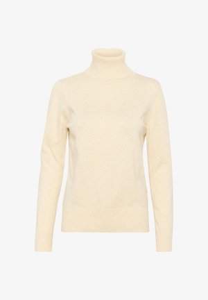 Suéter beige de cuello alto hecho de una tela suave, con mangas largas y dobladillo acanalado. Textura suave con un corte clásico.