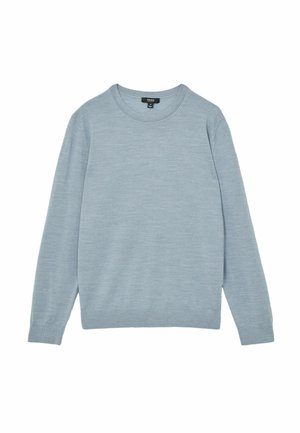 Pulover albastru deschis, realizat dintr-un material moale, cu un guler rotund și mâneci lungi. Design minimalist cu manșete și tiv cu model côtelé.