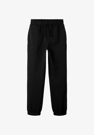 Zwarte sweatpants met een elastische tailleband, verstelbare trekkoord en elastische boorden bij de enkels, gemaakt van zachte, ademende stof.