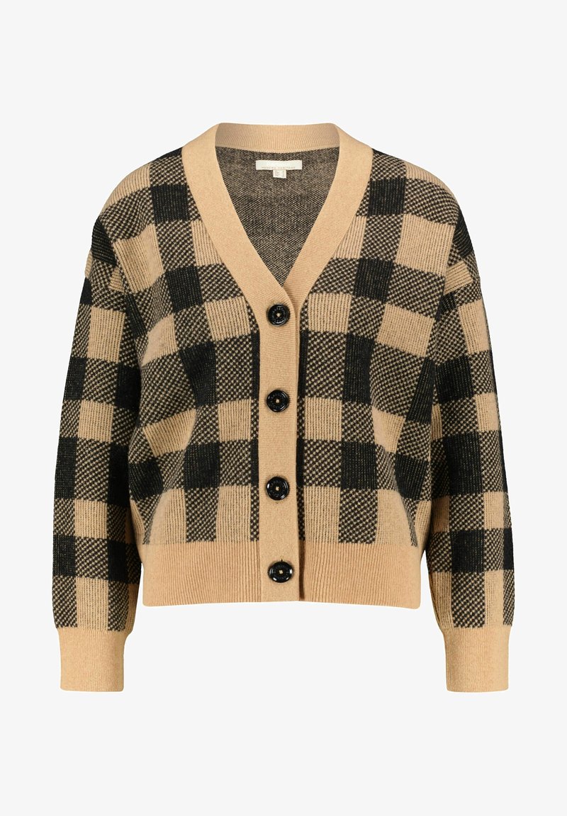 Cardigan à carreaux beige et noir avec col en V, manches longues, poignets et bas en côte, et quatre boutons noirs devant.