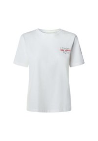Bílý bavlněný tričko s krátkými rukávy, s červeným nápisem "Miluji Londýn" a "PEPE JEANS" na levé straně hrudi.