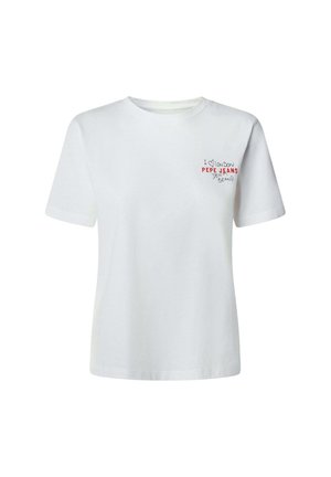 T-shirt en coton blanc à manches courtes, avec du texte rouge indiquant "I ❤️ London" et "PEPE JEANS" sur la partie gauche de la poitrine.