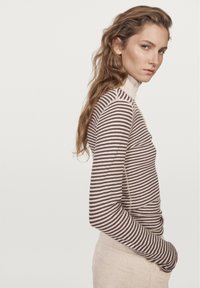 Striped long-sleeve turtleneck in beige and brown, featuring a slim fit and soft knit texture. Seam details are visible along the sleeves.