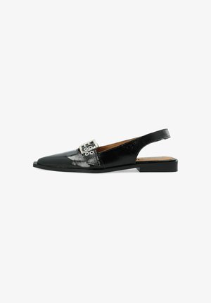 Black patent leather slingback shoe with a pointed toe, featuring a metallic buckle accent and a flat sole for comfort.