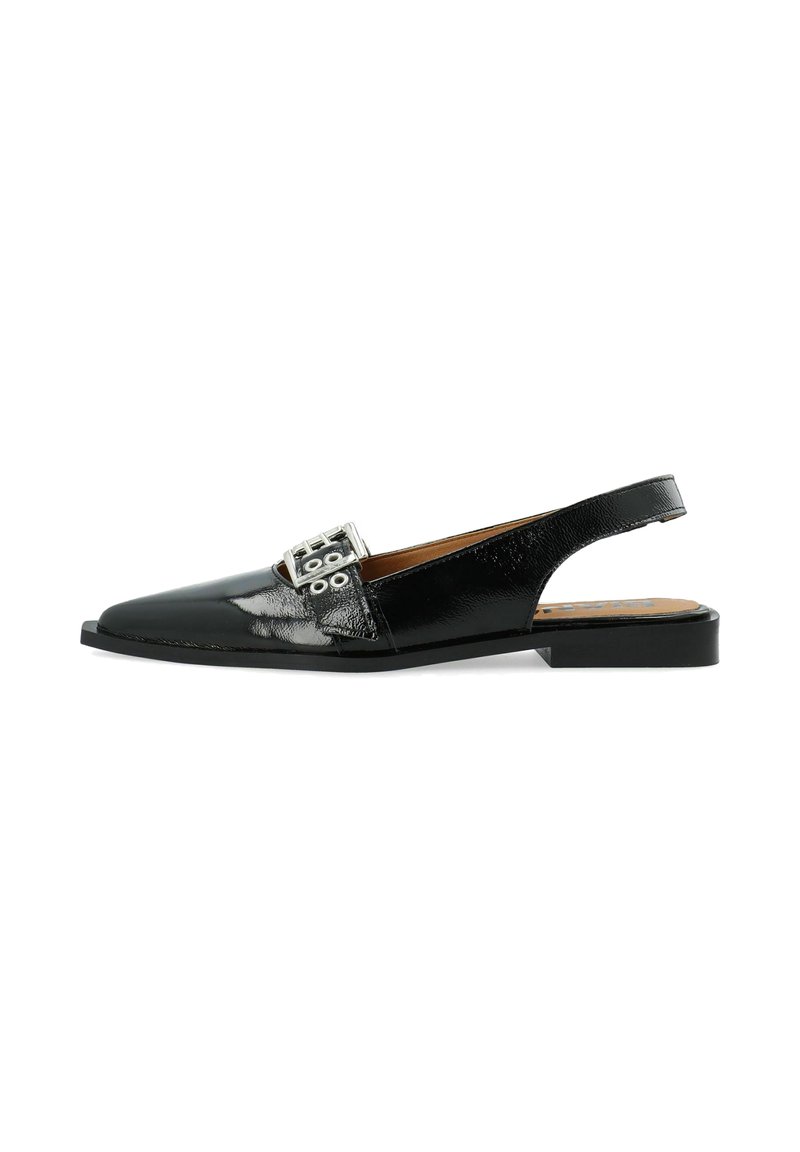 Black patent leather slingback shoe with a pointed toe, featuring a metallic buckle accent and a flat sole for comfort.
