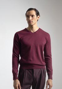 Suéter de cuello en V en mezcla de lana burdeos profundo, con mangas largas y puños acanalados. Sutil detalle del logo en el pecho. Corte ajustado.