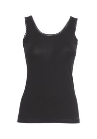 Top nero senza maniche con una texture liscia, scollatura a girocollo e merletto lungo i bordi, caratterizzato da un design aderente e senza branding visibile.