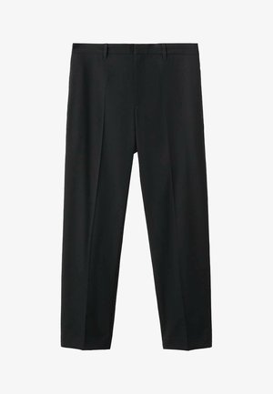 Pantaloni negri dintr-un material neted, cu un design drept al piciorului, plisse frontale și bucle pentru curea la talie.