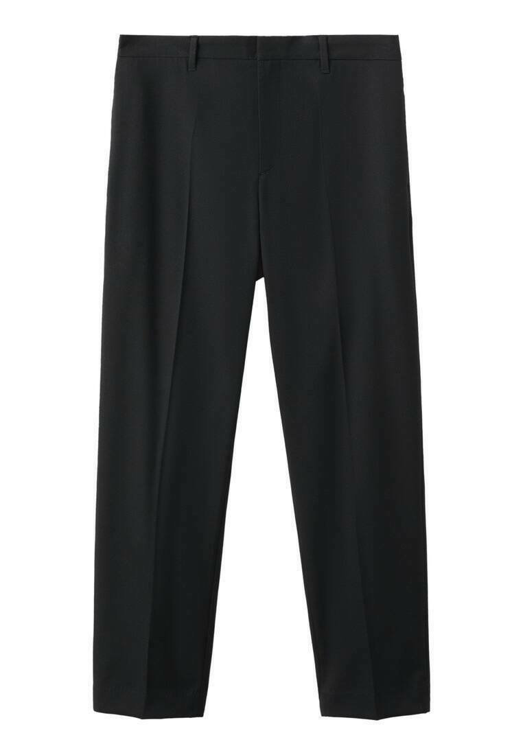 Pantaloni neri realizzati in un tessuto liscio, con una vestibilità dritta, pieghe frontali e passanti per cintura in vita.