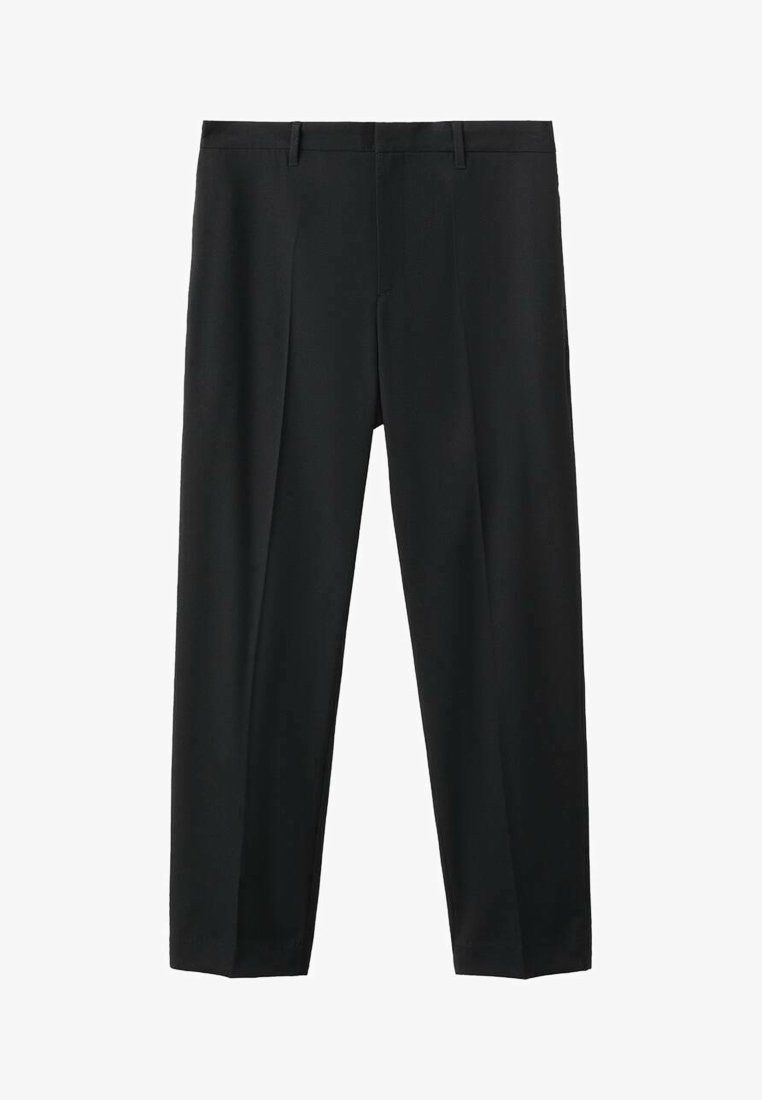 Pantaloni neri realizzati in un tessuto liscio, con una vestibilità dritta, pieghe frontali e passanti per cintura in vita.