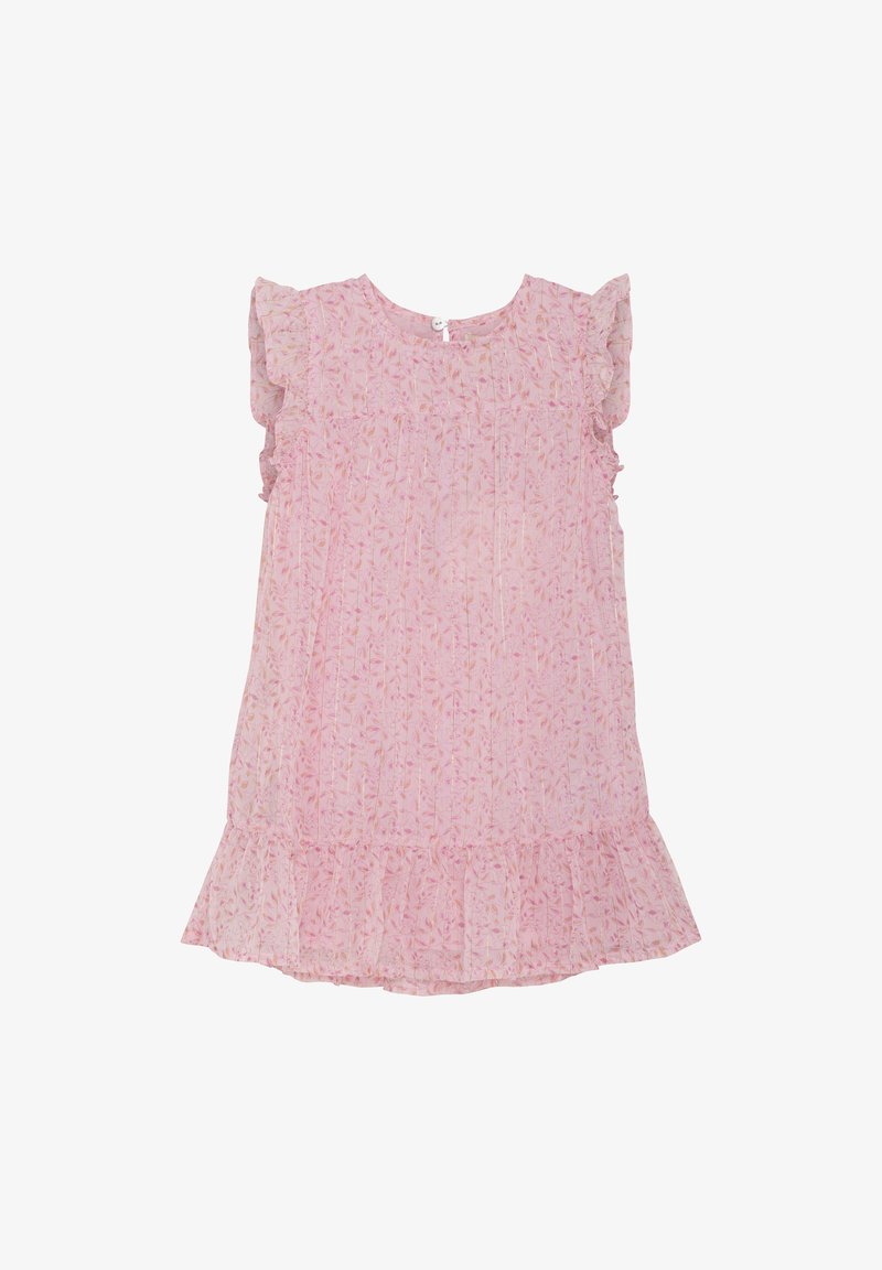 Rosenblumen-Kleid mit Rüschensleeves, rundem Ausschnitt und gestuften Saum. Hergestellt aus leichtem Stoff mit dezentem Blättermuster.