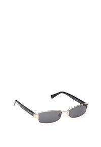 Sluneční brýle s elegantním černým a zlatým kovovým rámem, obdélníkovým tvarem, tmavými skleněnými čočkami a diskrétním logem na nožičce.