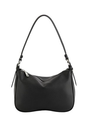 Schwarze, genarbte Lederhandtasche mit geschwungener Form, einem einzelnen Schulterriemen und einem silbernen Reißverschluss. Verfügt über geknotete Details in der Nähe des Riemens.