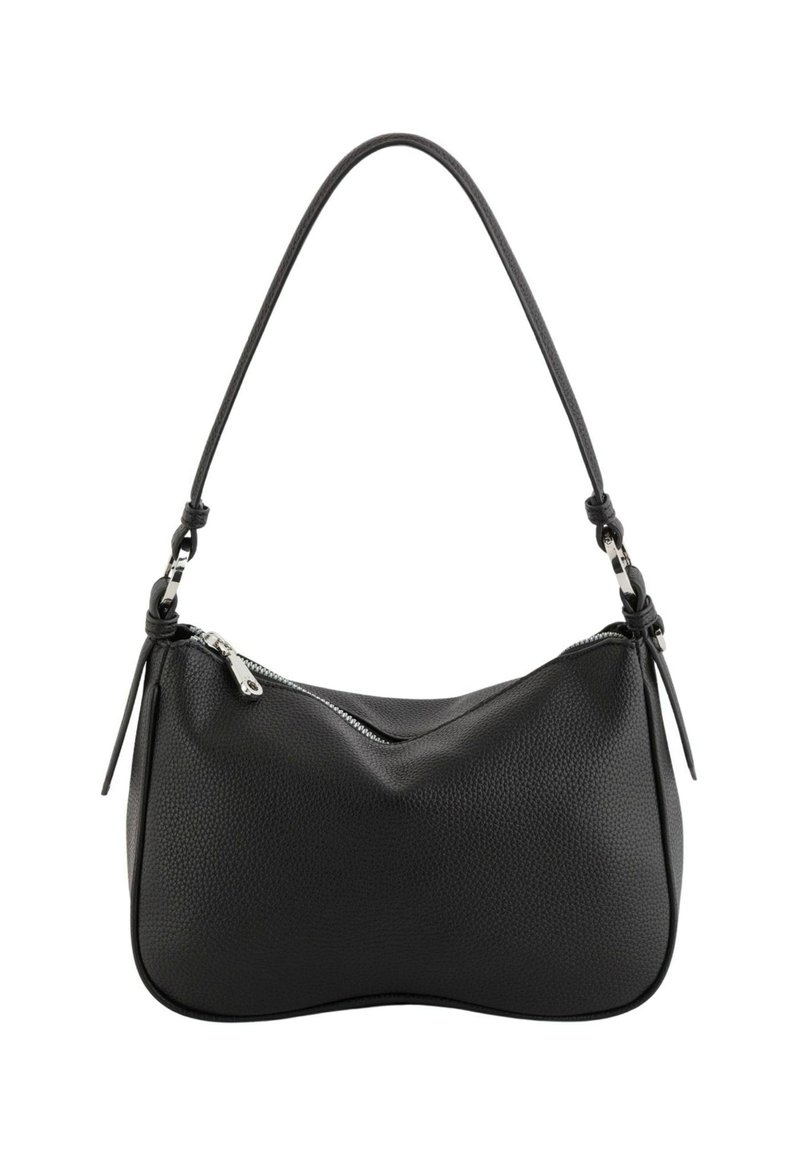 Czarna torba ze skórki o chropowatej fakturze, o zakrzywionym kształcie, z pojedynczym paskiem na ramię i srebrnym zapięciem na zamek. Zawiera szczegóły w formie węzłów w pobliżu paska.
