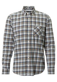 Karierte Hemdbluse mit blauen, braunen und weißen Karos. Lange Ärmel, ein spitzer Kragen und eine Brusttasche auf der linken Seite. Aus Baumwollstoff.