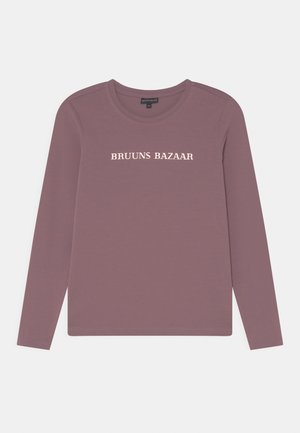 Camisola de mangas compridas em mauve suave com decote redondo. Apresenta "BRUUNS BAZAAR" impresso em creme claro na parte da frente. Textura de tecido suave.