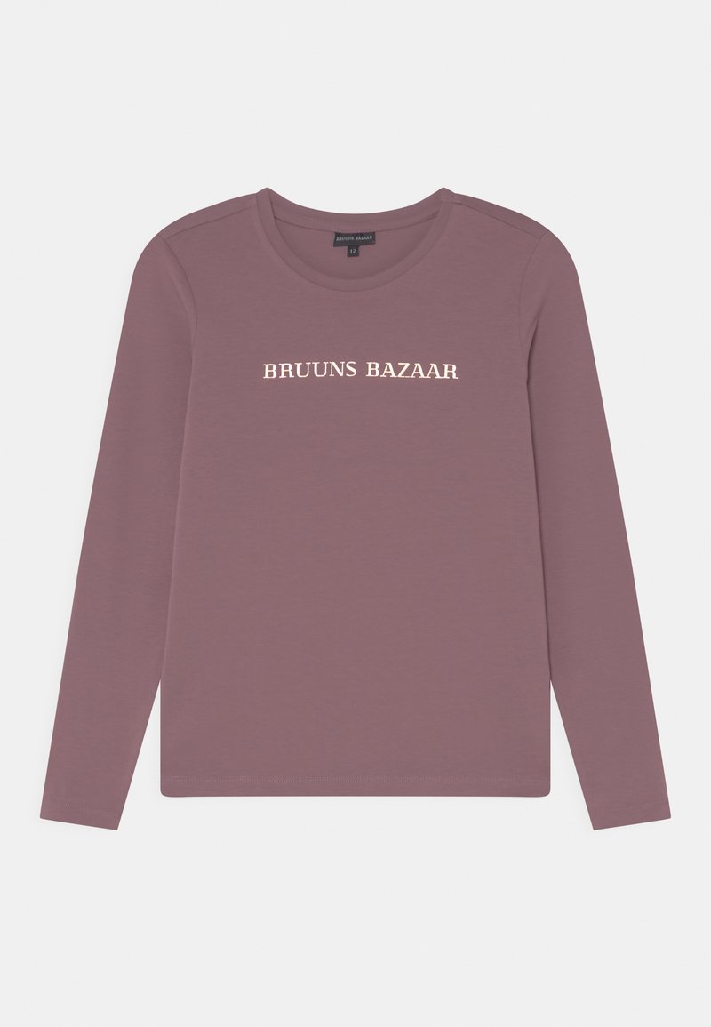 Camisola de mangas compridas em mauve suave com decote redondo. Apresenta "BRUUNS BAZAAR" impresso em creme claro na parte da frente. Textura de tecido suave.
