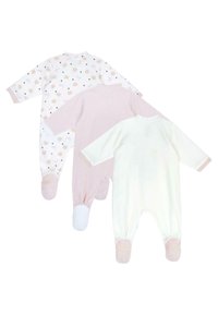 Tre babysovdräkter i mjukt tyg: en vit, en rosa och en med ett mönster av björnar och rosetter i pastellfärger. Lång ärm och med fötter.