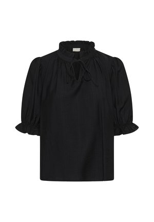 Blouse noire à manches courtes avec col à volants, devant en trou de serrure noué avec des cordons, et poignets élastiques à volants sur les manches bouffantes.